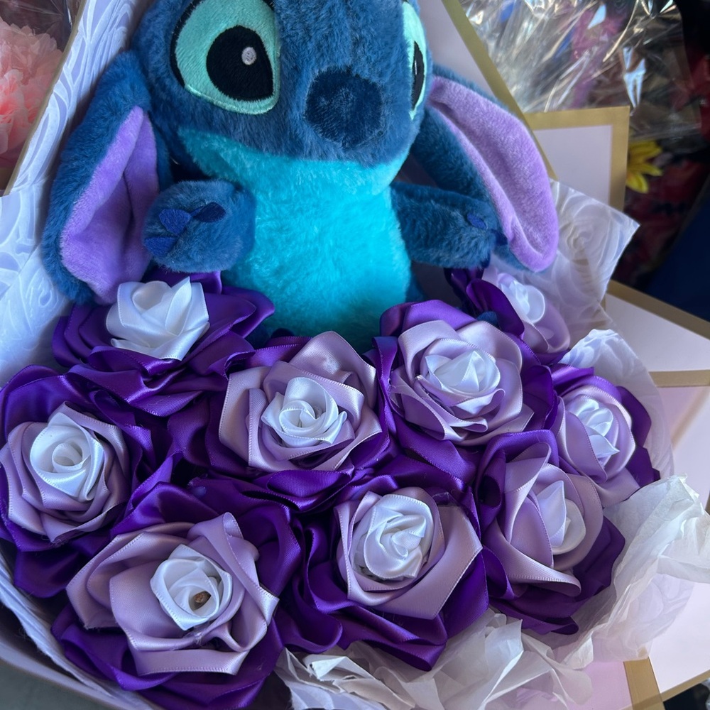 Plush Stitch Toy with Purple Rose Bouquet - Kids Accessories